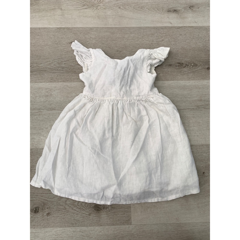 My Little Dani White Linen Ruffle Sleeve Dress with Olive‎ Green Back Tie Sash